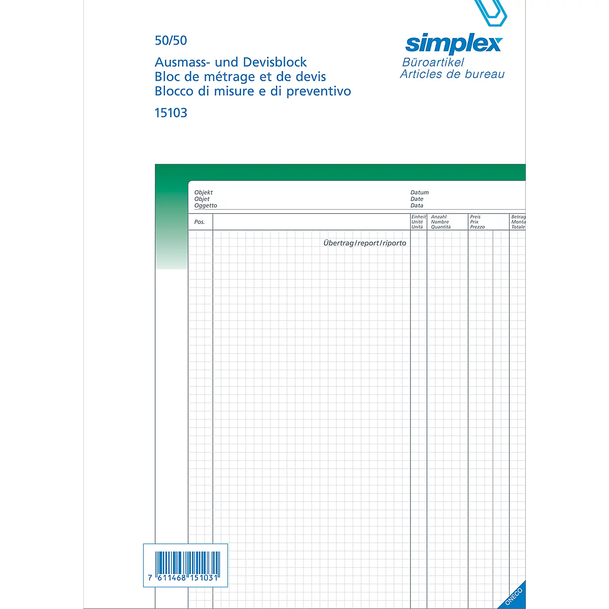 Bloc de mesure Oneco, A4, vert foncé/blanc, 2 blocs