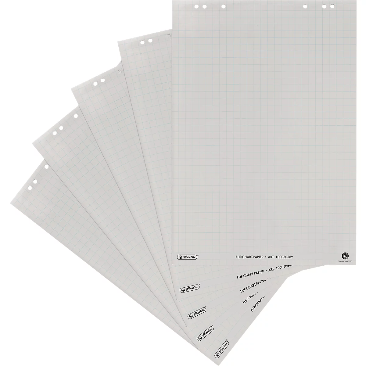 Plusieurs feuilles de papier quadrillé pour chevalet de conférence avec perforations, disposées en éventail.