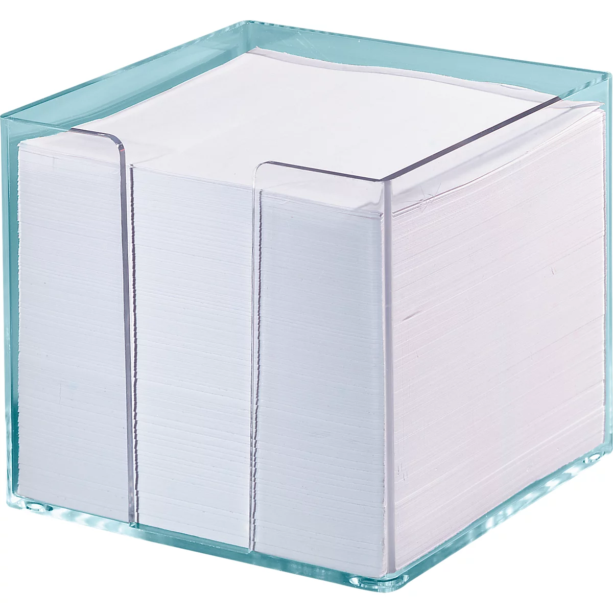 Porte-bloc-notes transparent avec bord turquoise, rempli de blocs-notes blancs. Le support comporte trois fentes.