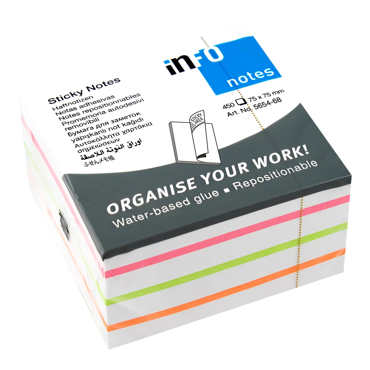 Bloc-notes autocollant, L 75 x l 75 mm, 450 feuilles, mélange de couleurs, autocollant