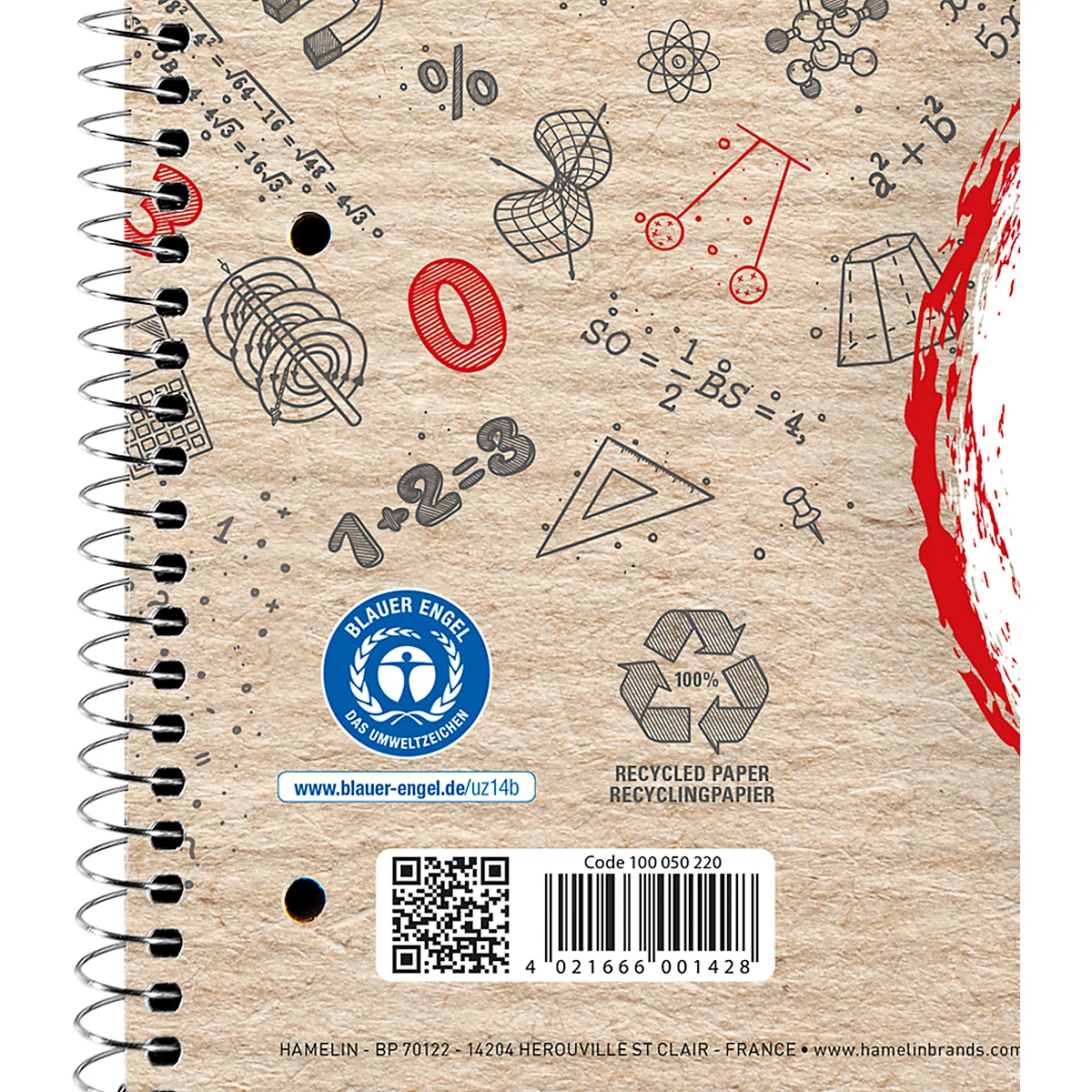 Dos d'un cahier à spirales en papier recyclé avec des illustrations mathématiques, le label Ange bleu et un code-barres.