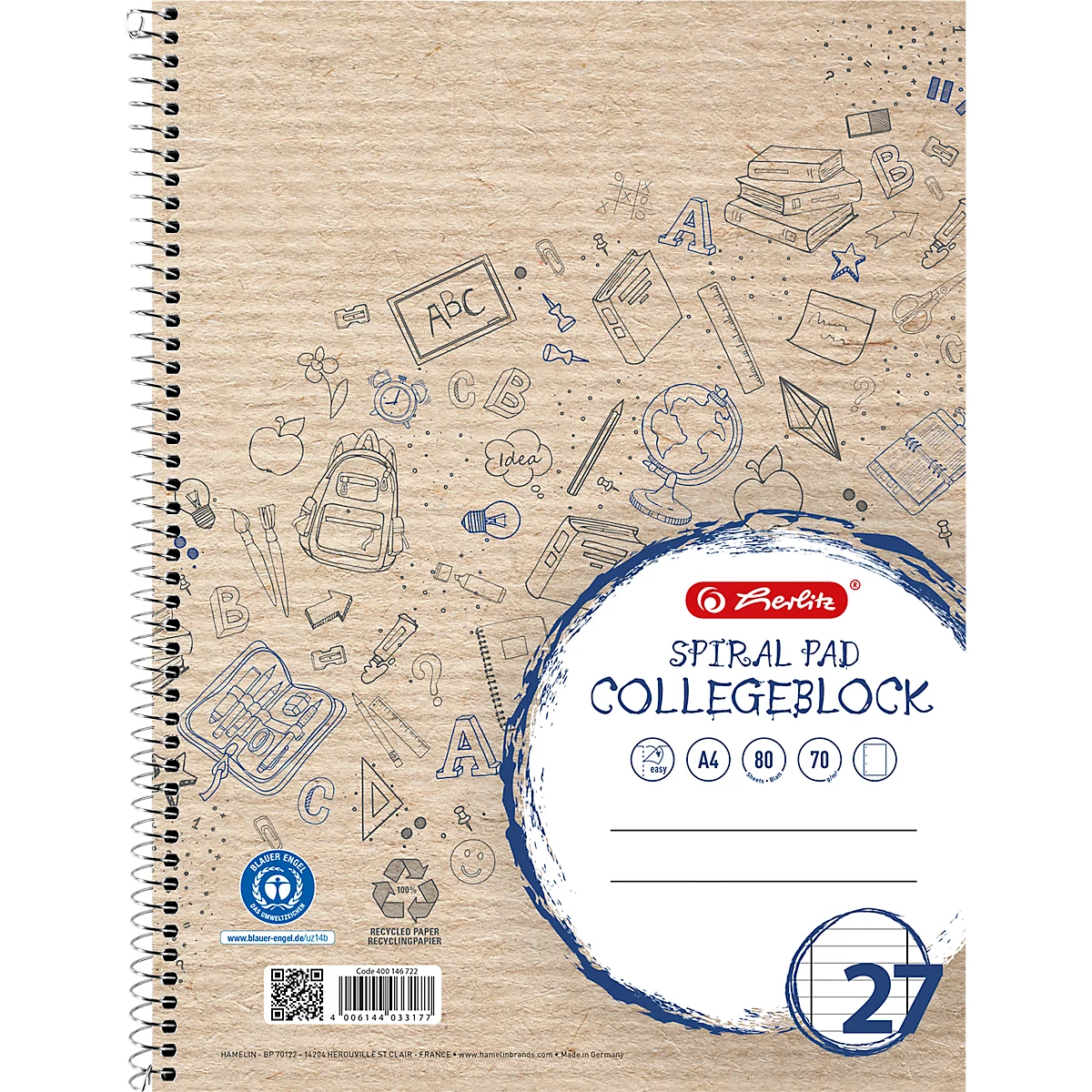 Bloc-notes à spirale A4 avec couverture en papier kraft brun ornée de dessins scolaires ludiques.
