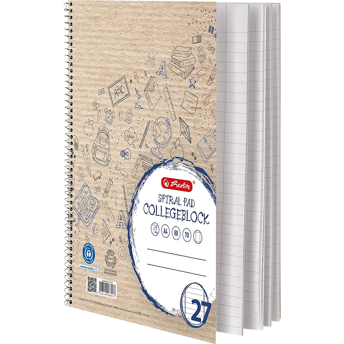 Bloc-notes à spirales Herlitz avec couverture en papier brun ornée de motifs scolaires.