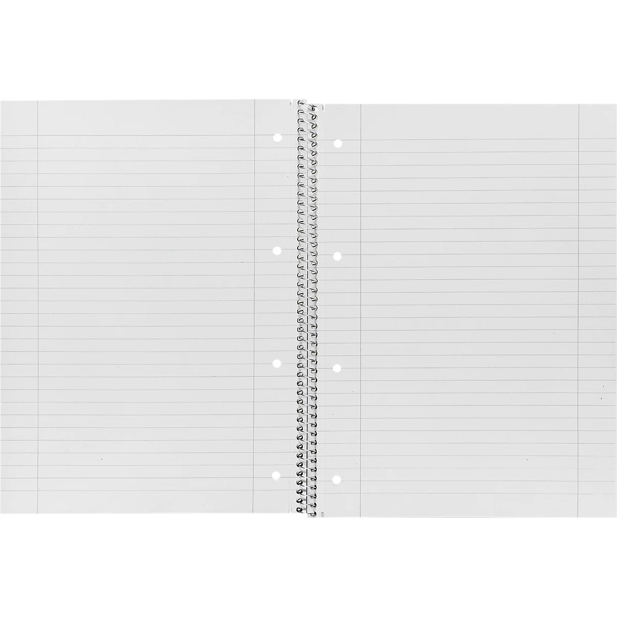 Cahier ouvert avec papier blanc ligné, reliure spirale au centre et quatre perforations par page.
