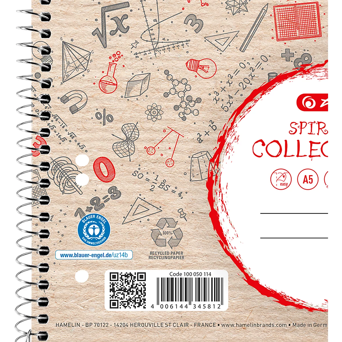 Cahier à spirales en papier recyclé avec des dessins mathématiques, label écologique Ange Bleu et code-barres.