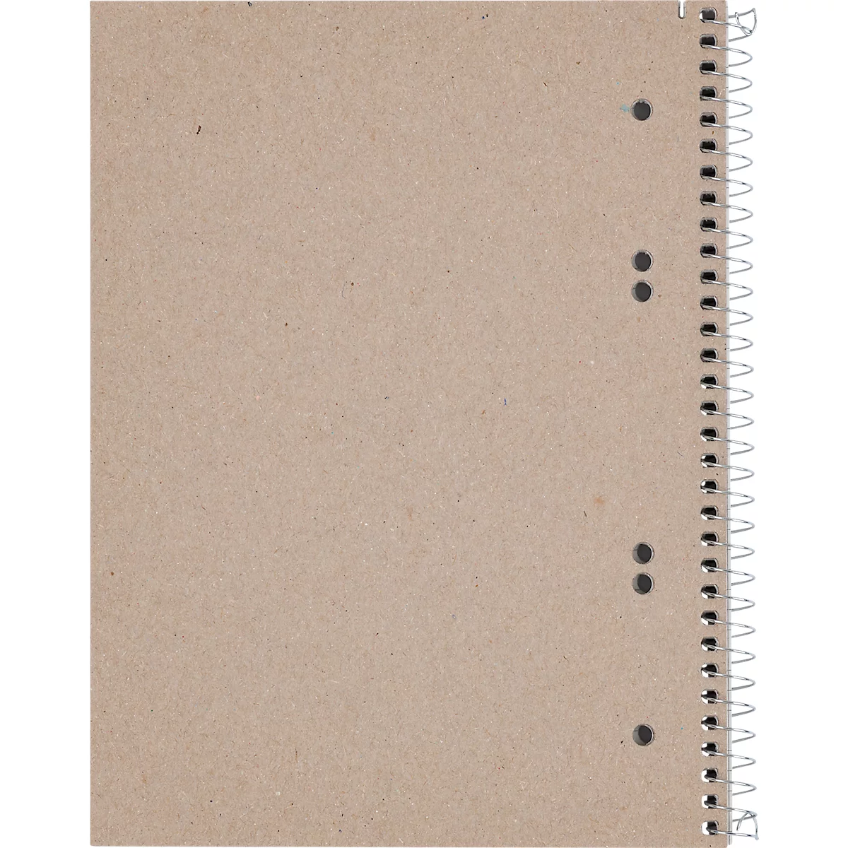 Carnet à spirales brun en papier recyclé avec reliure métallique et perforations.