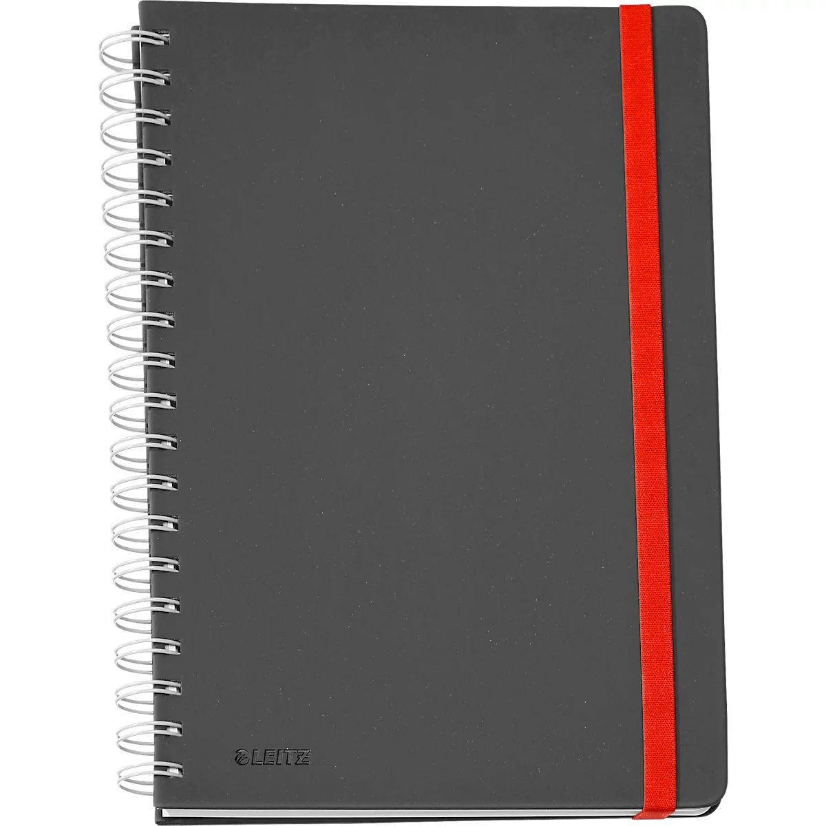 Cahier gris foncé avec élastique rouge, reliure à spirale et logo LEITZ.