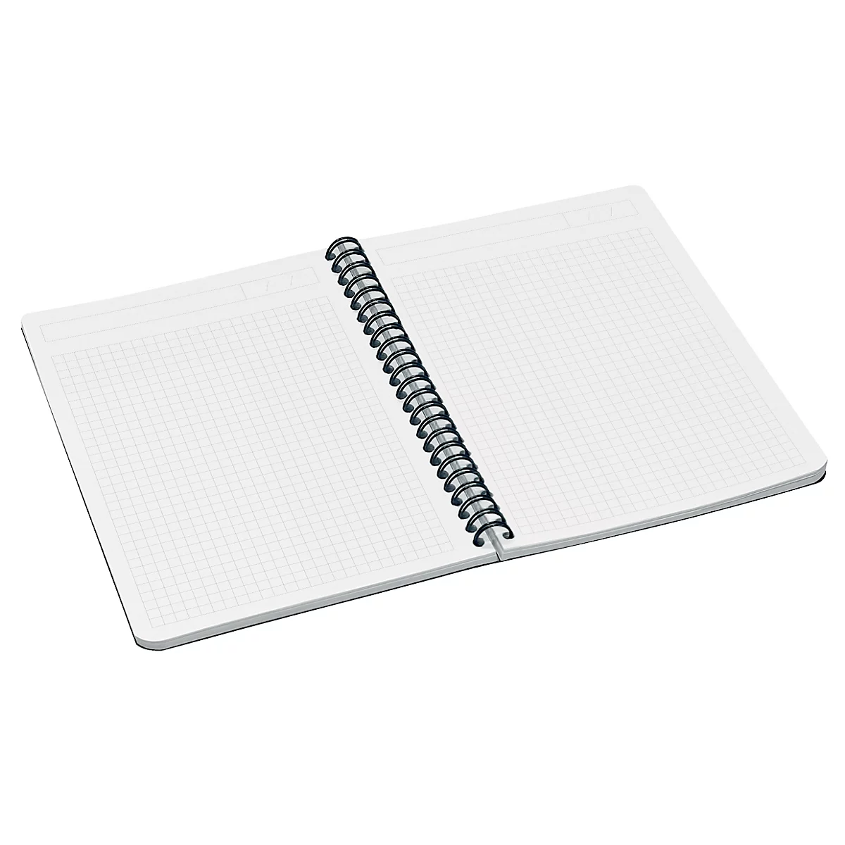 Cahier ouvert avec papier quadrillé blanc et reliure spirale, sur fond blanc.