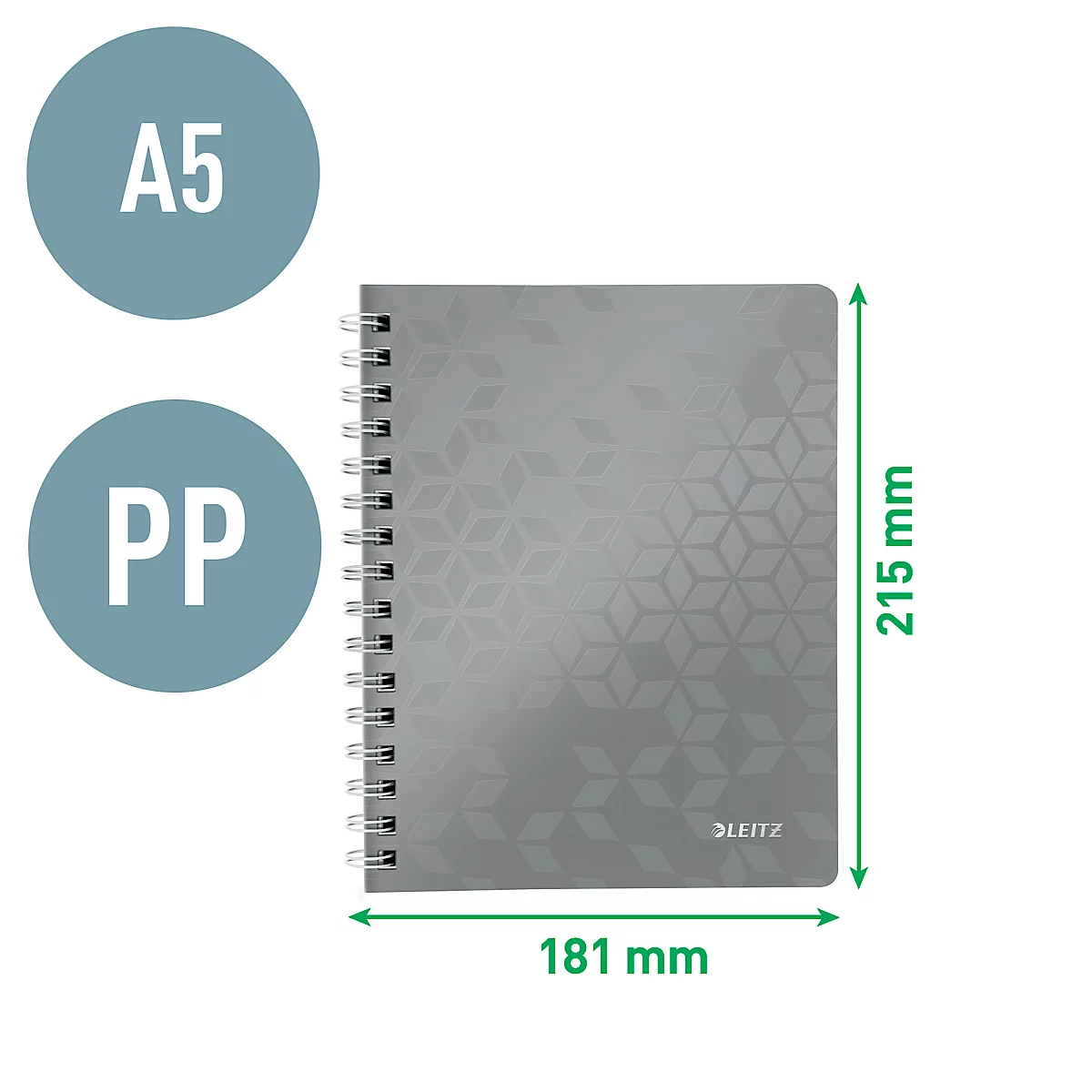 Cahier gris à spirale et motif géométrique. Les dimensions et les logos "A5" et "PP" sont visibles.
