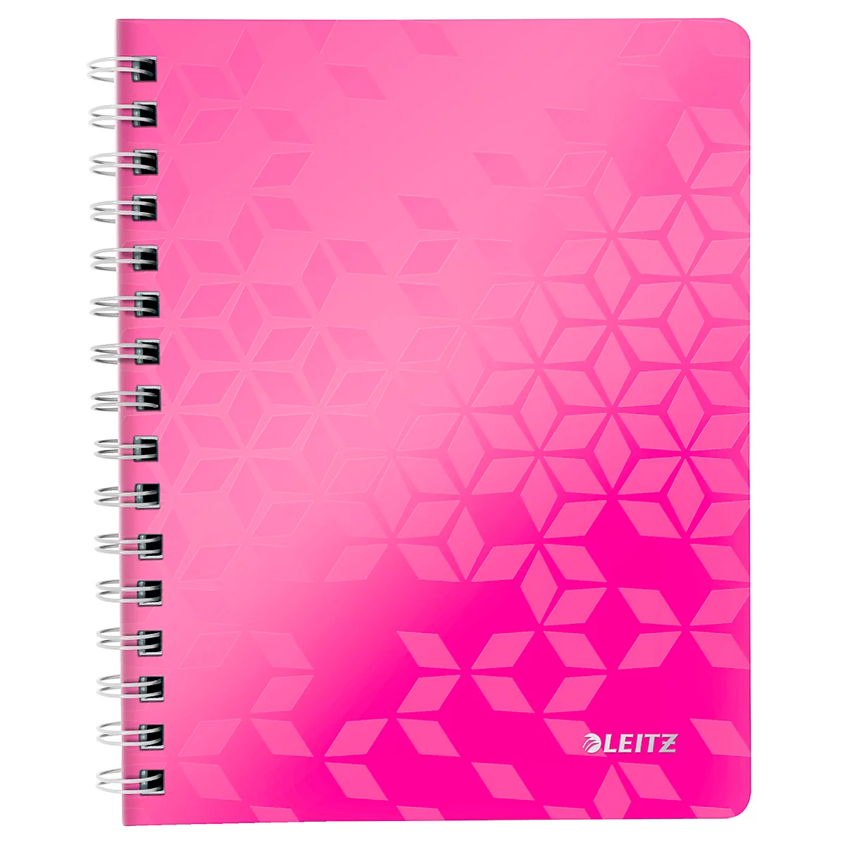 Cahier rose avec motif géométrique et reliure spirale.
