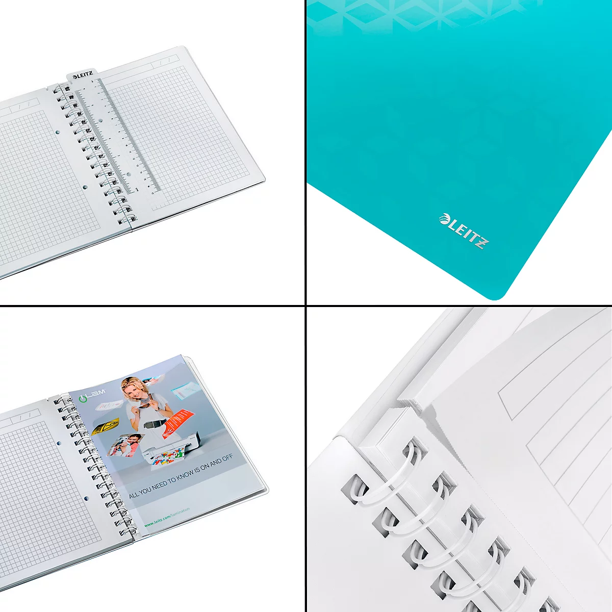 Diverses vues d'un cahier blanc avec reliure spirale et pages quadrillées. Il y a une couverture colorée avec le nom de la marque LEITZ.