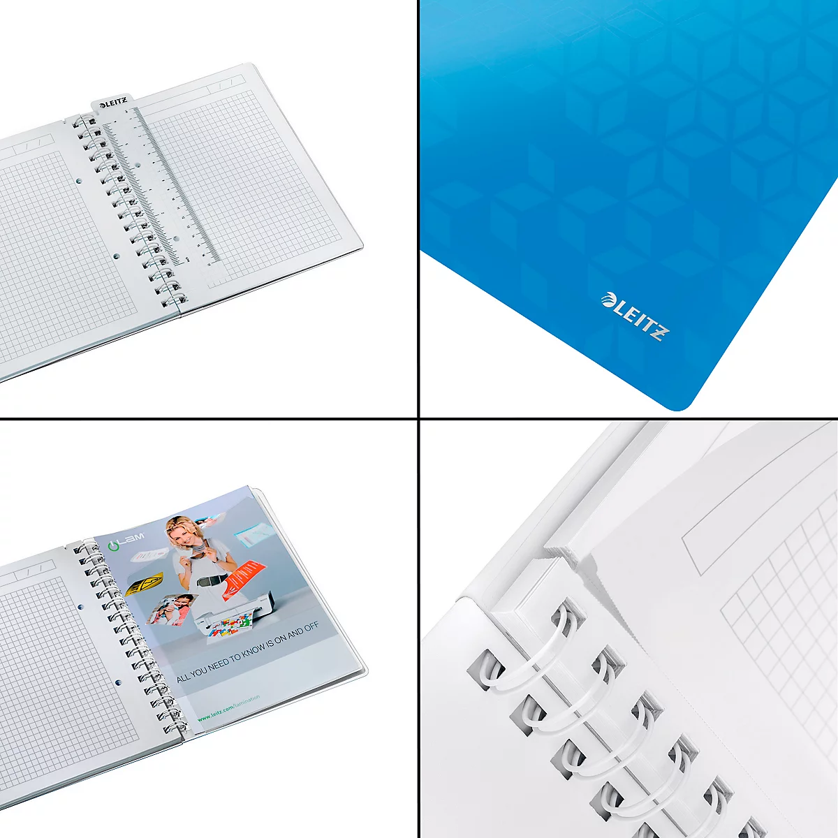Collage de détails d'un cahier : reliure à anneaux, feuilles quadrillées, règle, couverture bleue avec logo Leitz.