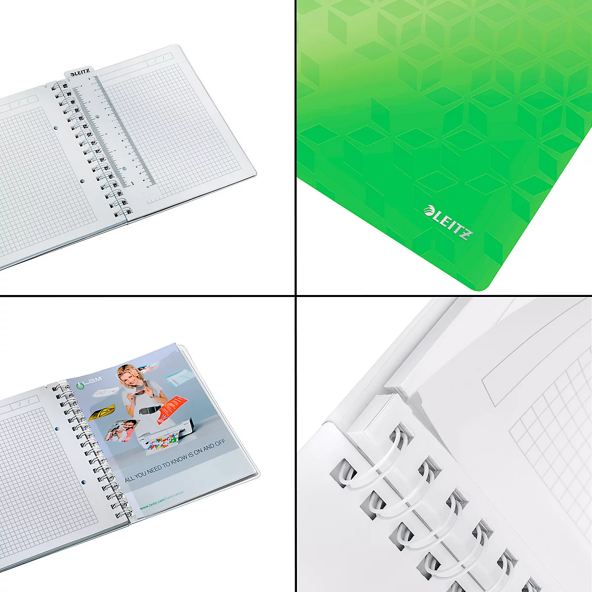 Cahier, classeur, règle, pages quadrillées, logo Leitz, vert.
