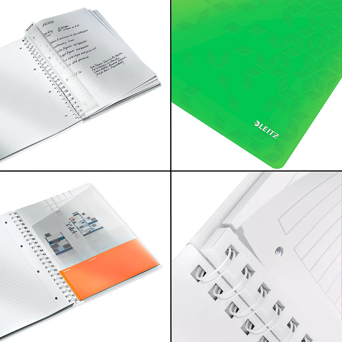 Quatre vues d'un bloc-notes. En haut à gauche : pages ouvertes. En haut à droite : couverture verte texturée. En bas à gauche : poche de rangement. En bas à droite : spirale.