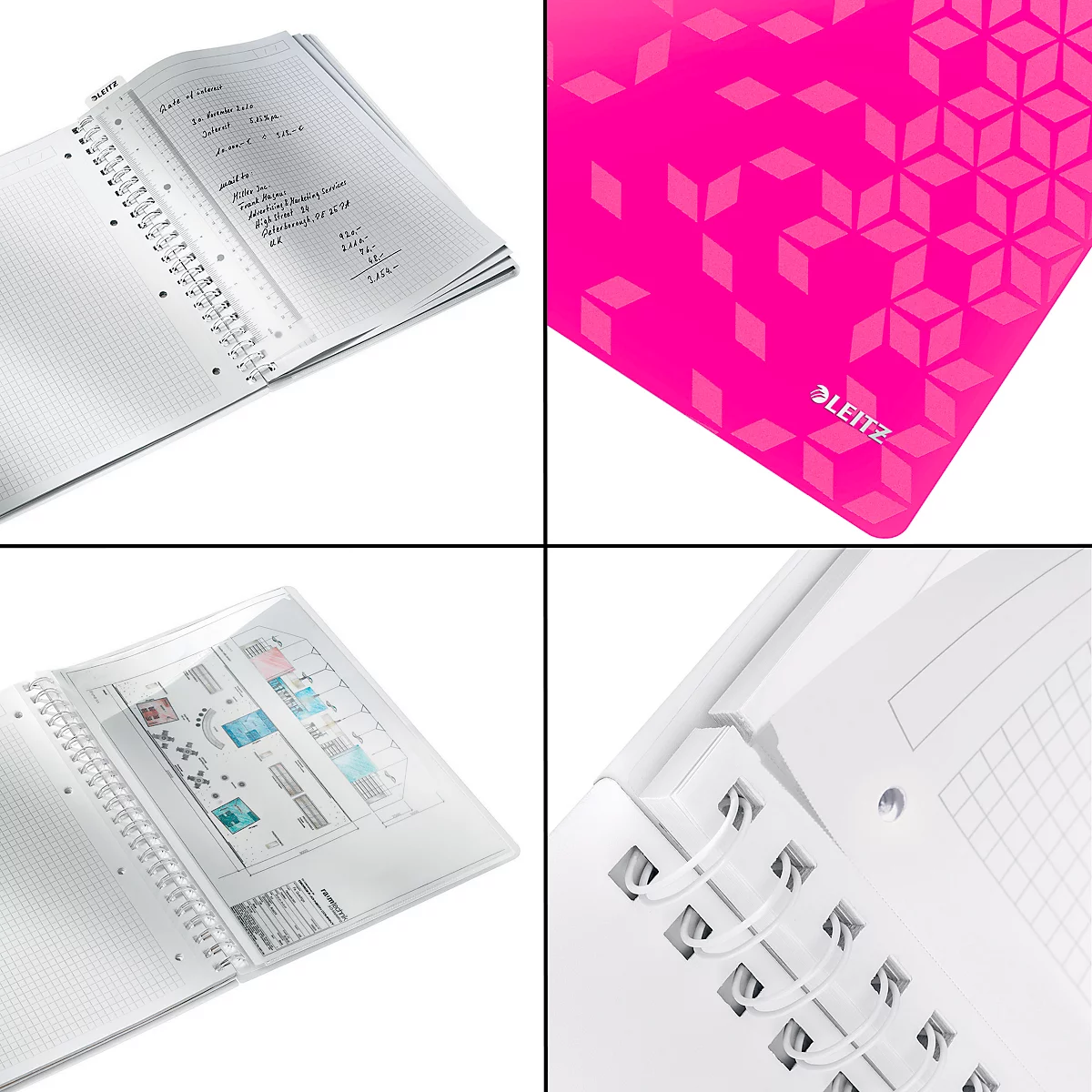 Bloc-notes en sections : Papier avec reliure spirale, bloc rose avec motif cube, papier détaillé et reliure spirale.