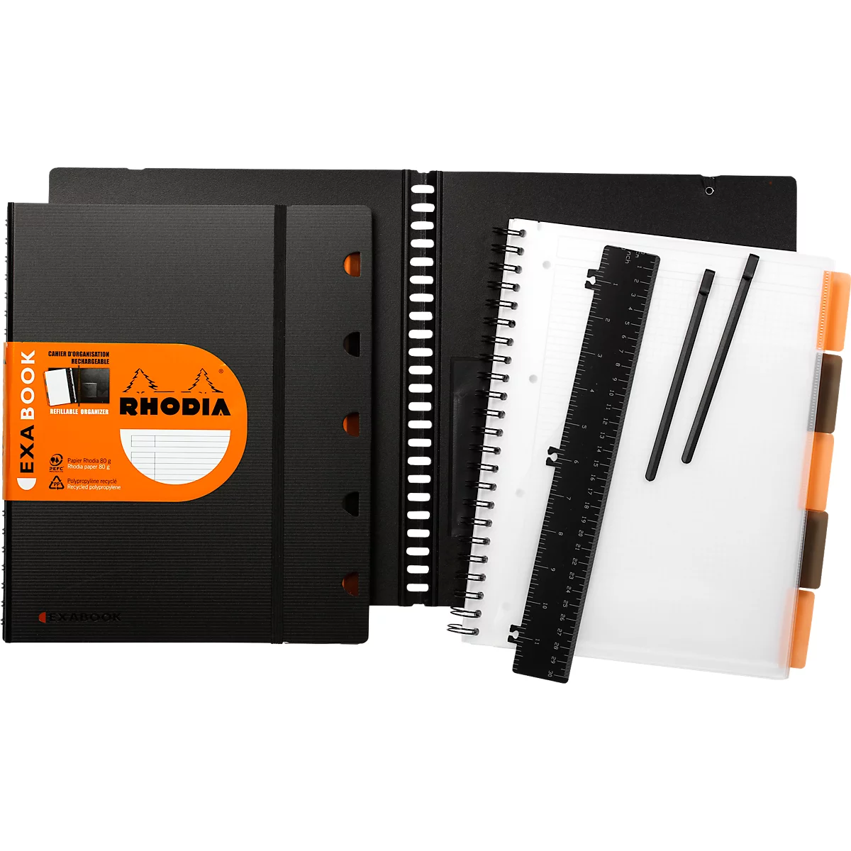 Bloc-notes Rhodia ExaBook, 80 feuilles, DIN A4+, 90 g/m², reliure à double spirale, intercalaires, règle, poche intérieure, quadrillé, avec marge et cadre