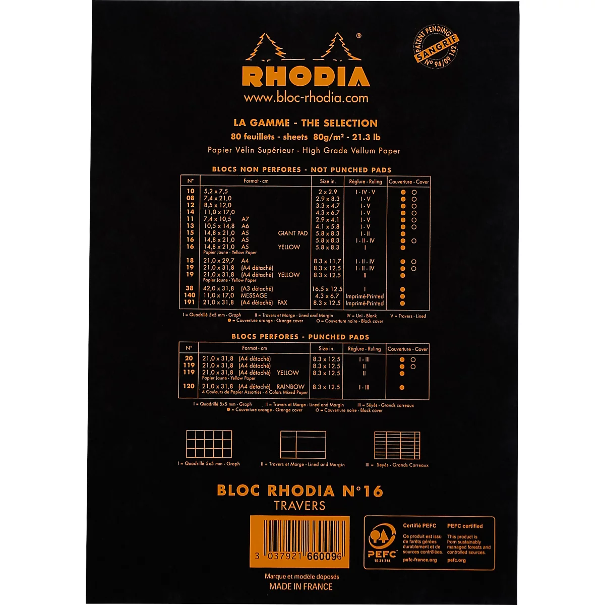 Bloc-notes Rhodia No.16, DIN A5, 80 feuilles, agrafé, dos cartonné, 80 g/m², ligné, avec marge, noir
