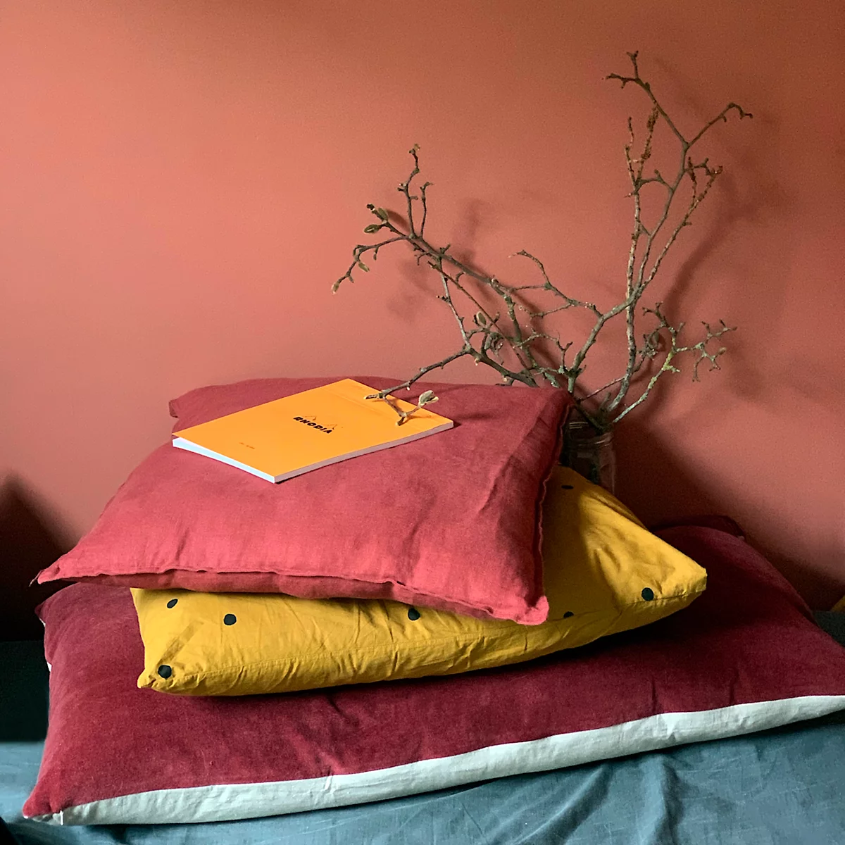 Coussins rouge rouille et jaune avec un carnet ; branches devant un mur rouge. Ambiance cosy.