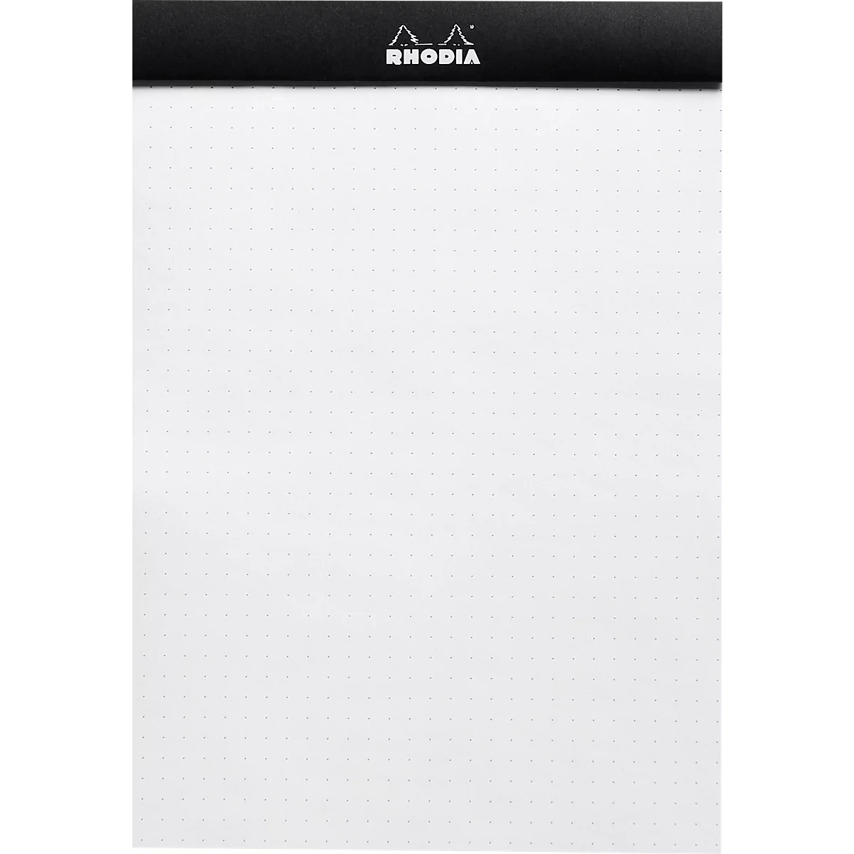 Bloc-notes avec couverture noire, papier blanc. Logo "RHODIA" sur la couverture.