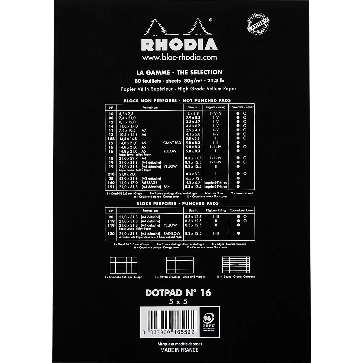 Bloc-notes Rhodia No.16, DIN A5, 80 feuilles, agrafé, dos cartonné, 80 g/m², pointillé, noir