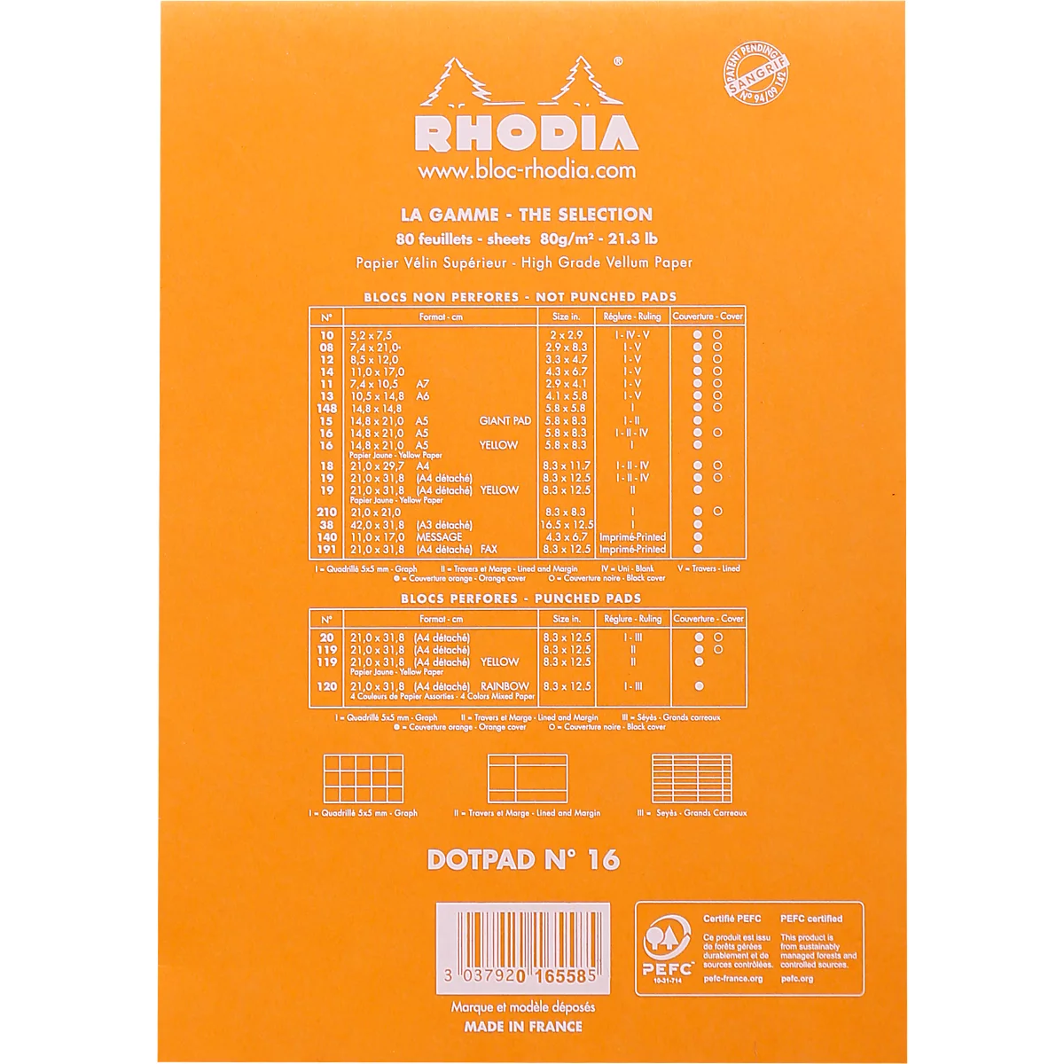 Bloc-notes Rhodia No.16, DIN A5, 80 feuilles, agrafé, dos cartonné, 80 g/m², pointillé, orange