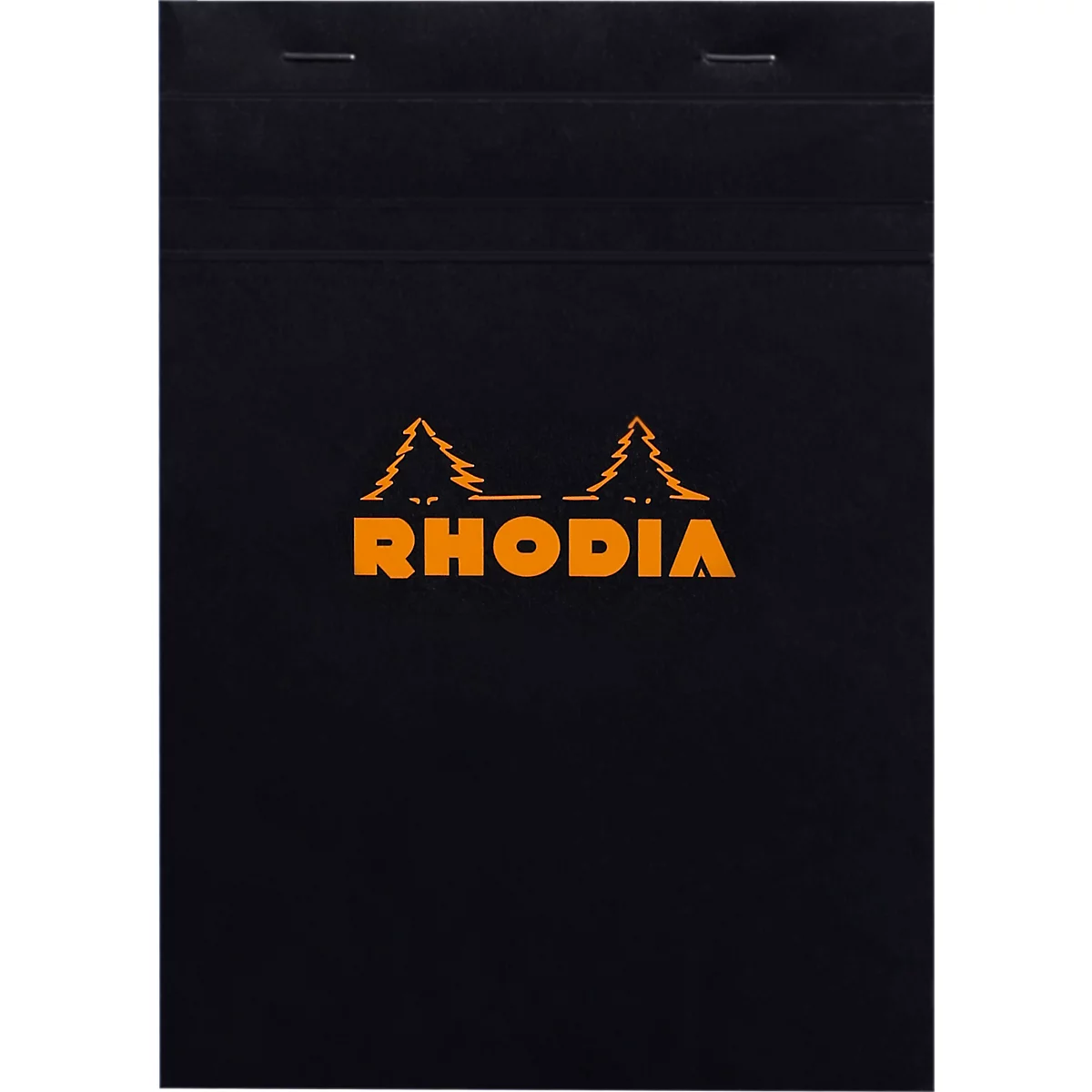 Cahier noir avec le logo Rhodia orange. Fixé en haut avec deux agrafes.