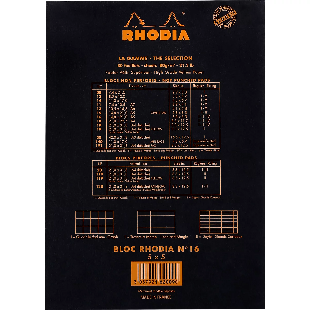 Bloc-notes Rhodia No.16, DIN A5, 80 feuilles, agrafé, dos cartonné, 80 g/m², quadrillé, noir
