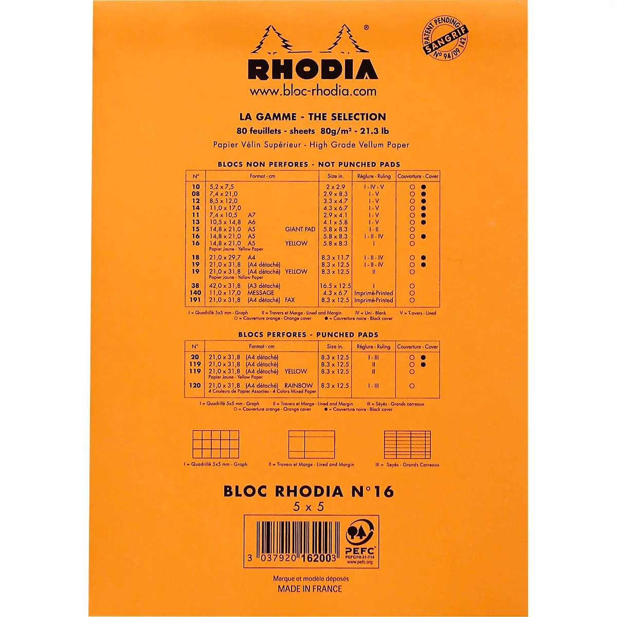 Bloc-notes Rhodia No.16, DIN A5, 80 feuilles, agrafé, dos cartonné, 80 g/m², quadrillé, orange