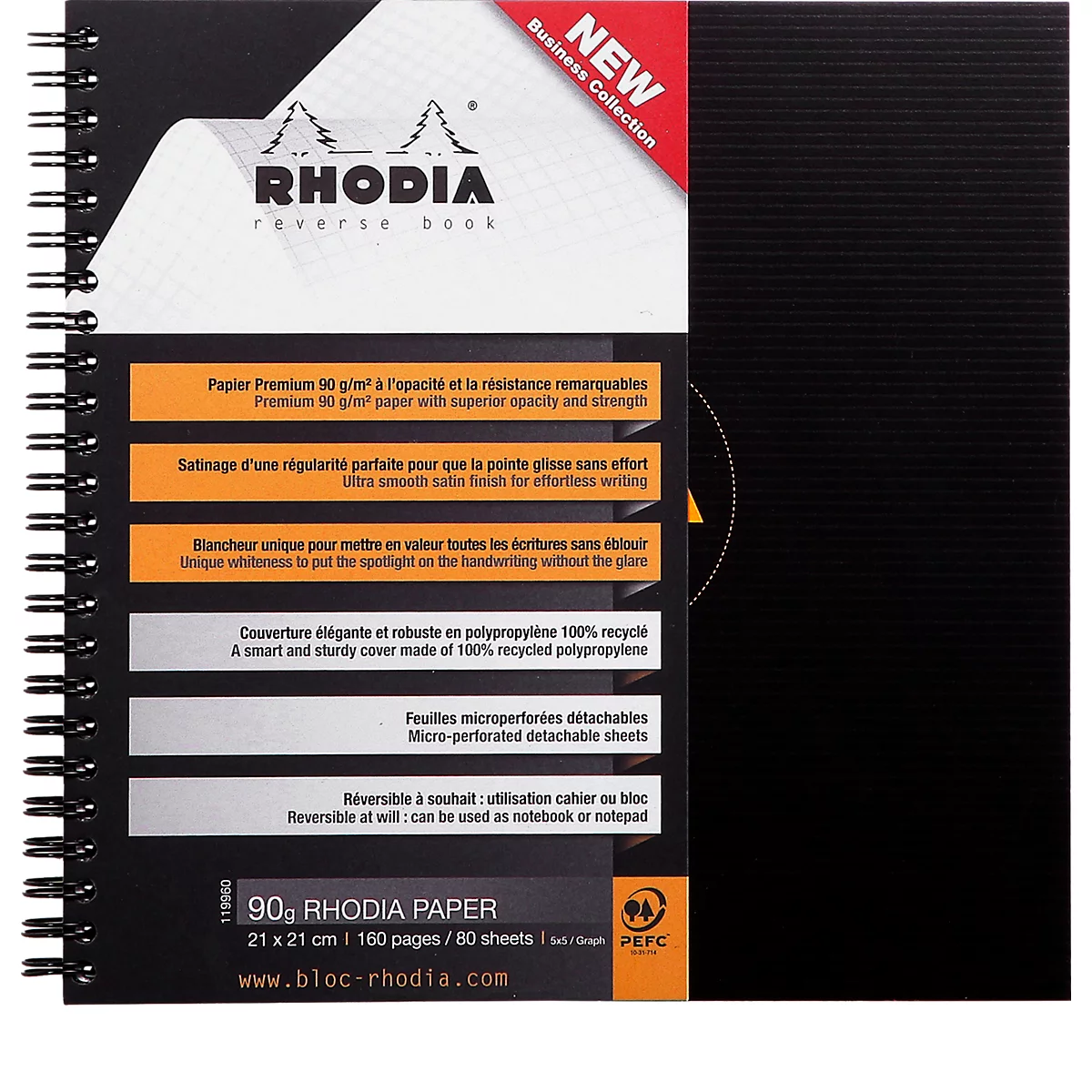 Un carnet à spirale avec une couverture noire. La couverture affiche des informations telles que la marque, les spécifications du papier et les caractéristiques du produit.