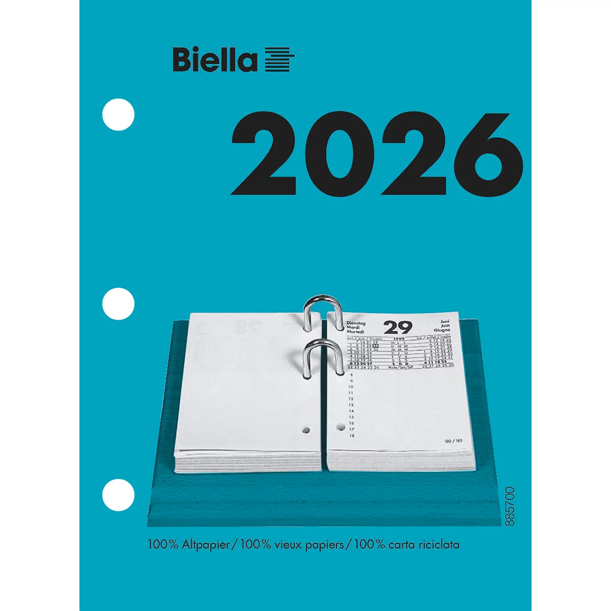 Bloc-notes bleu avec l'inscription 2026. Le bloc-notes est ouvert, la page indique le 29e jour. Le numéro 885700 se trouve en bas à droite.