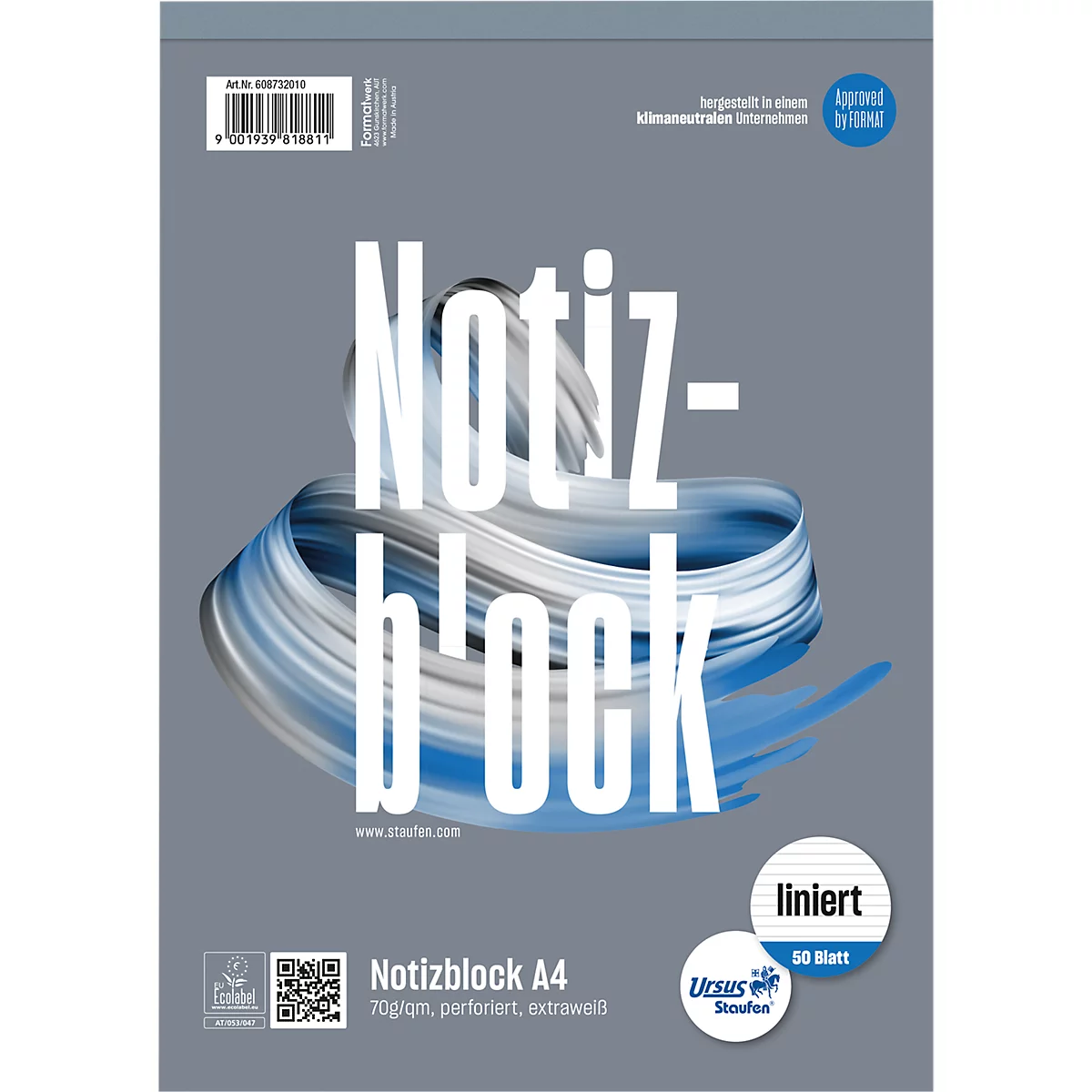 Bloc-notes avec grandes lettres, design bleu-gris, ligné, 50 feuilles.