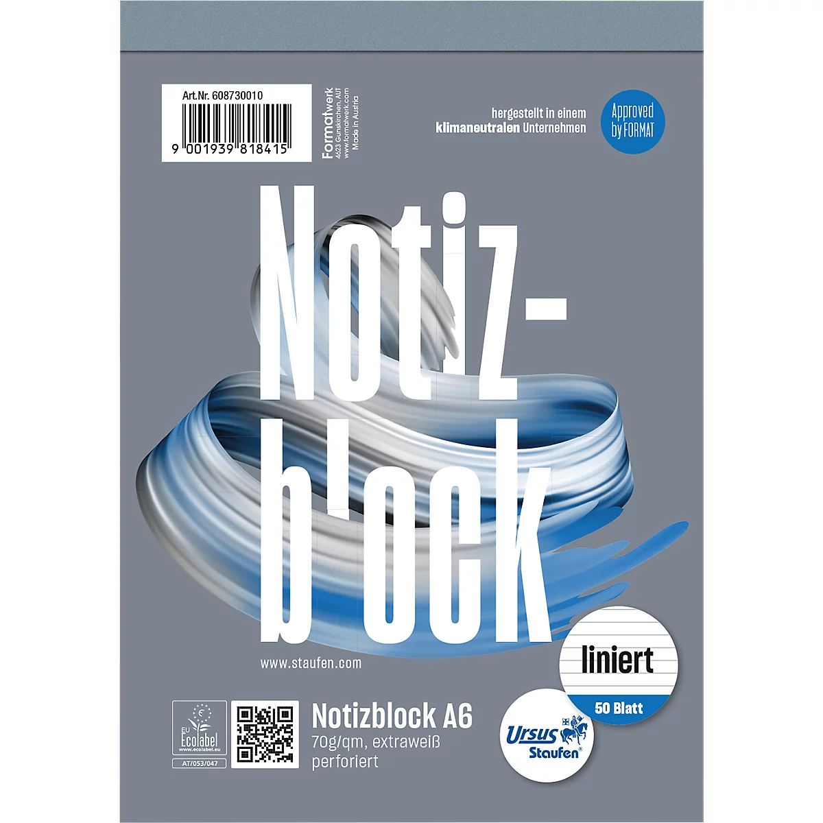 Bloc-notes gris avec l'inscription blanche "Notizblock" et une forme de tourbillon bleue. Texte et logos en bas.