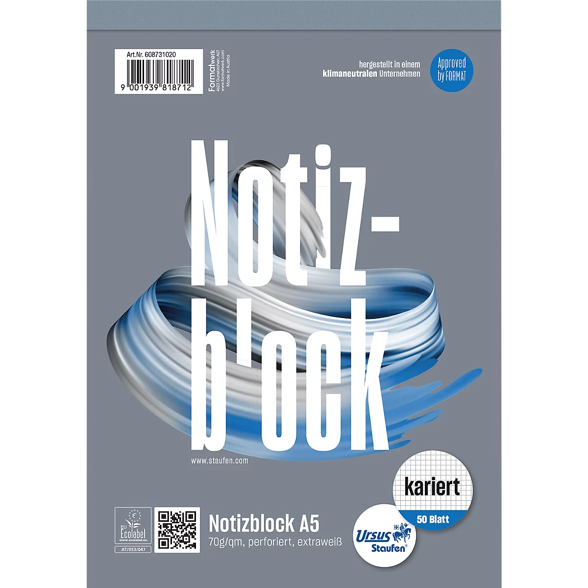 Un bloc-notes avec l'inscription "Notiz-block". Sur fond bleu-gris avec écriture blanche. "kariert" est indiqué en bas à droite.