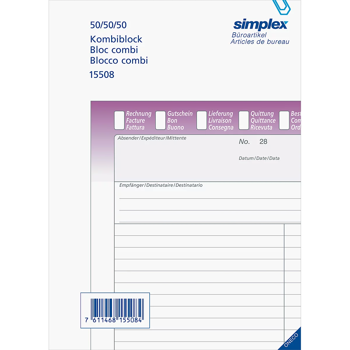 Bloc papier autocopiant, bloc combi « Oneco »