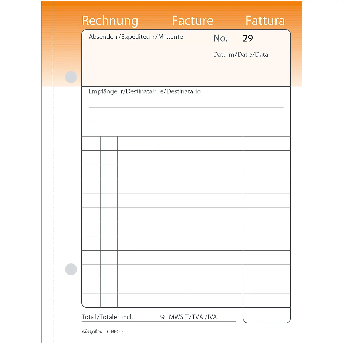 Bloc papier autocopiant, factures, A6, d,f,it, 50/50 feuilles, orange/blanc