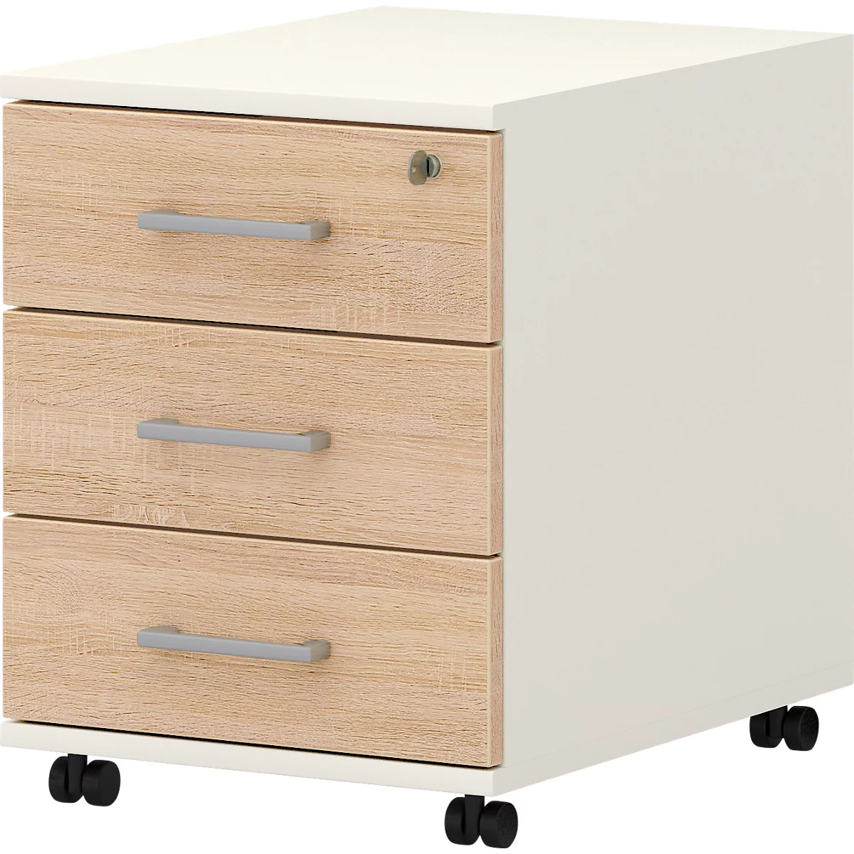 Bloc-tiroirs 333 TEMPIO, en bois, 3 tiroirs (1 avec serrure), L 430 x P 500 x H 550 mm, blanc/chêne Sonoma
