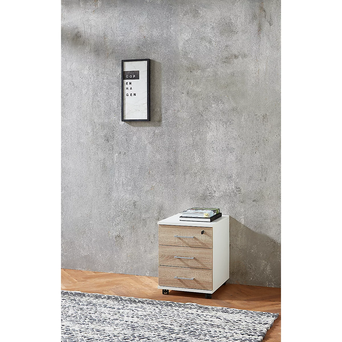 Bloc-tiroirs 333 TEMPIO, en bois, 3 tiroirs (1 avec serrure), L 430 x P 500 x H 550 mm, blanc/chêne Sonoma