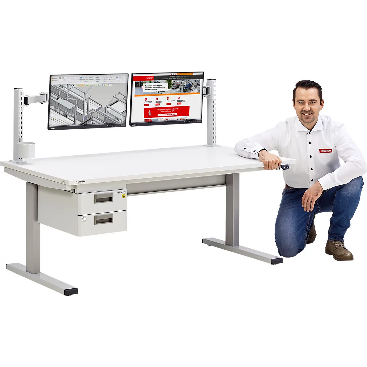 Bloc-tiroirs Treston ESD 30/22, 2 tiroirs, extension 80%, capacité de charge 10 kg, revêtement époxy, gris clair RAL 7035