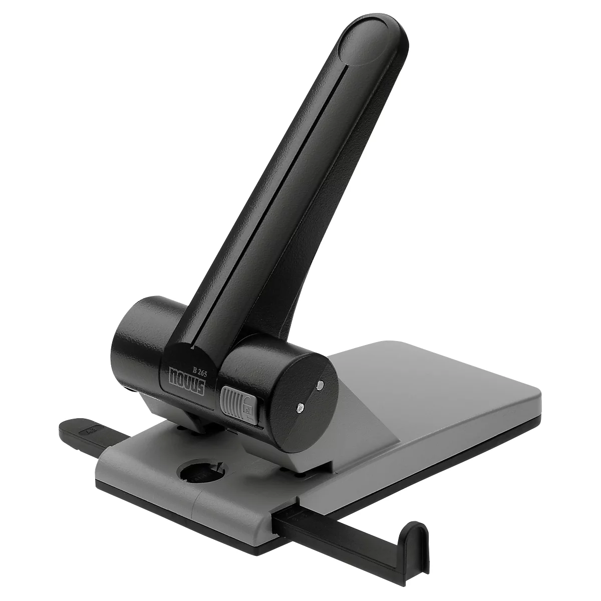 Black and gray hole punch. The lever is up. The inscription "NOVUS" can be seen on the device.