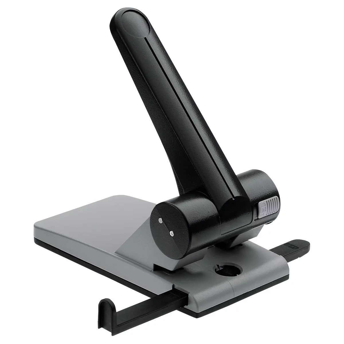 A gray and black hole puncher with a long handle. Close-up of the hole puncher.