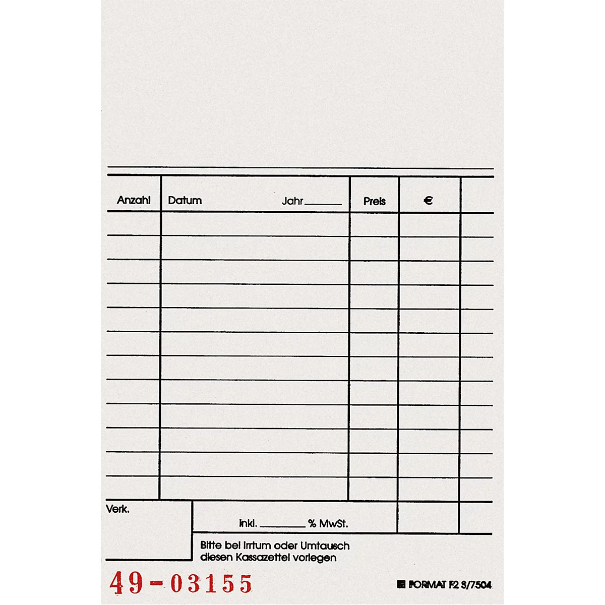 Un formulaire blanc avec une grille noire. Champs pour la quantité, la date, l'année, le prix et les euros. En bas en rouge : 49-03155.