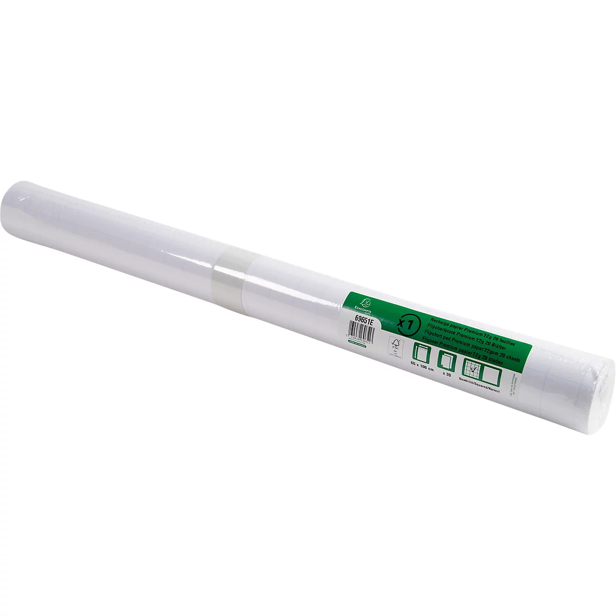 Un rouleau de papier blanc avec une étiquette verte. Enroulé et prêt à l'emploi.