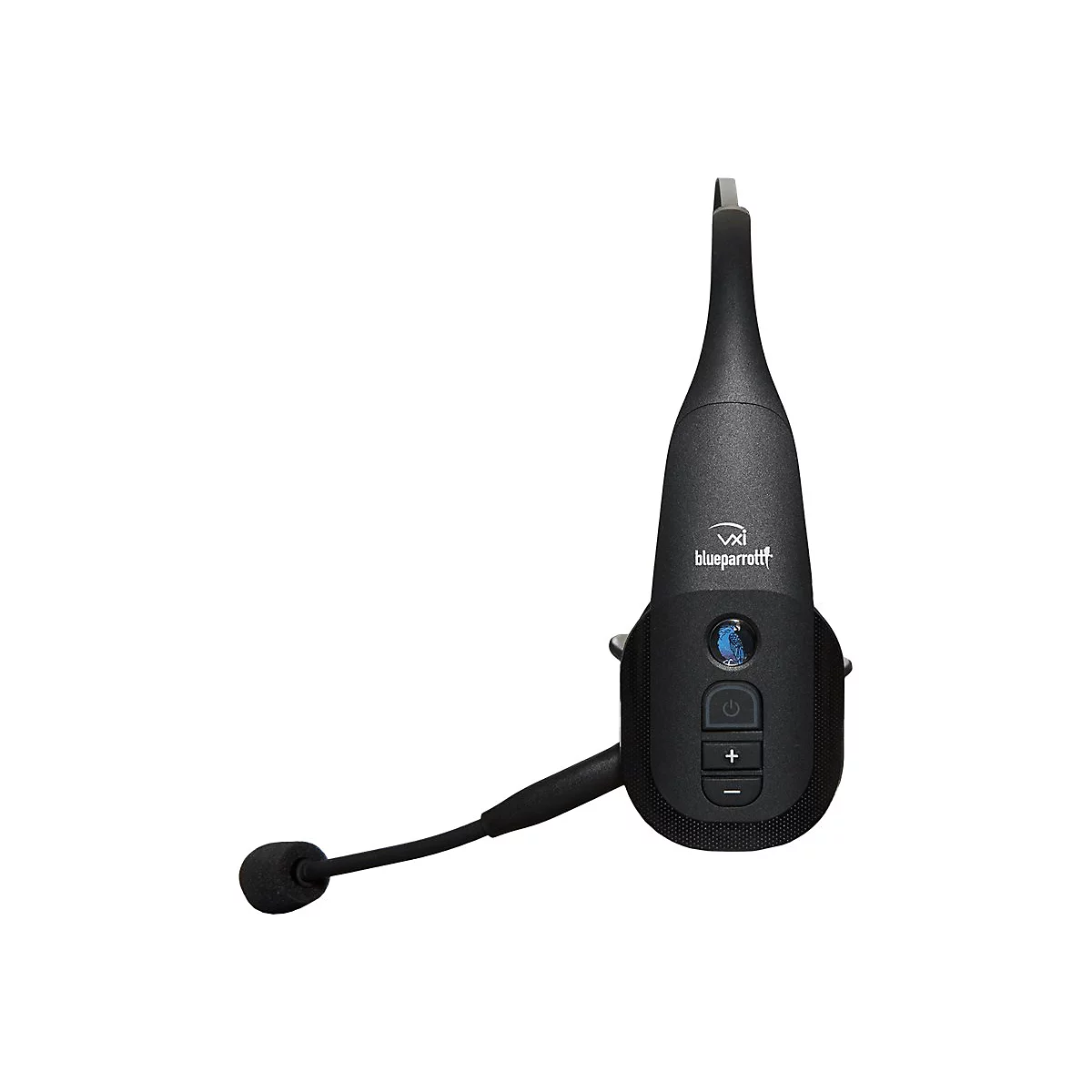 Schwarzes Bluetooth-Headset mit Mikrofon. Auf dem Headset befindet sich der Schriftzug „blueparrott“ und Tasten.