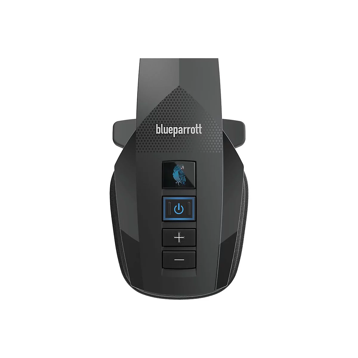 Draufsicht auf schwarzen Bluetooth-Kopfhörer mit Lautstärke- und Ein/Aus-Tasten. Logo „blueparrott“ oben.