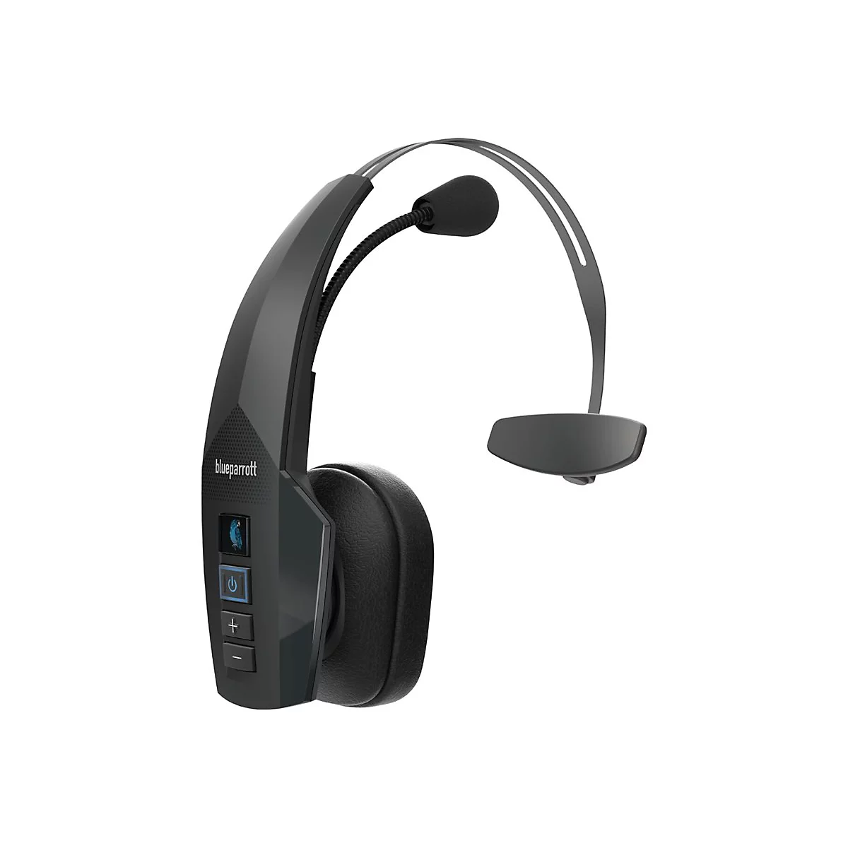Schwarzes Bluetooth-Headset mit Mikrofon und Bügel. Auf der Seite befinden sich Knöpfe für die Lautstärke und die Stromversorgung.