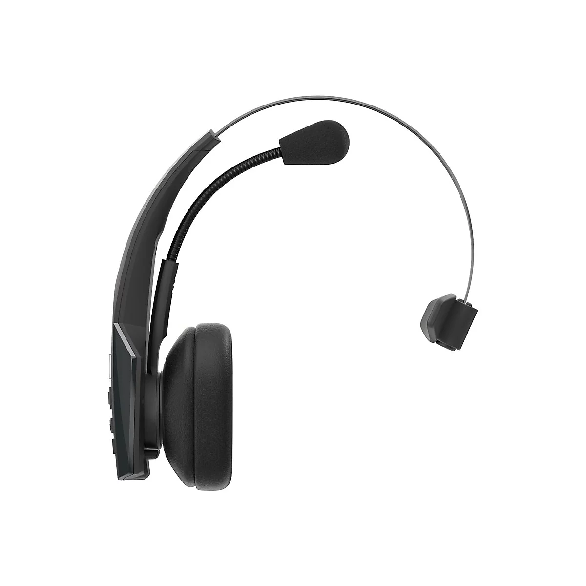 Ein schwarzes Headset mit Mikrofon, das für eine Seite des Kopfes ausgelegt ist. Auf weißem Hintergrund.