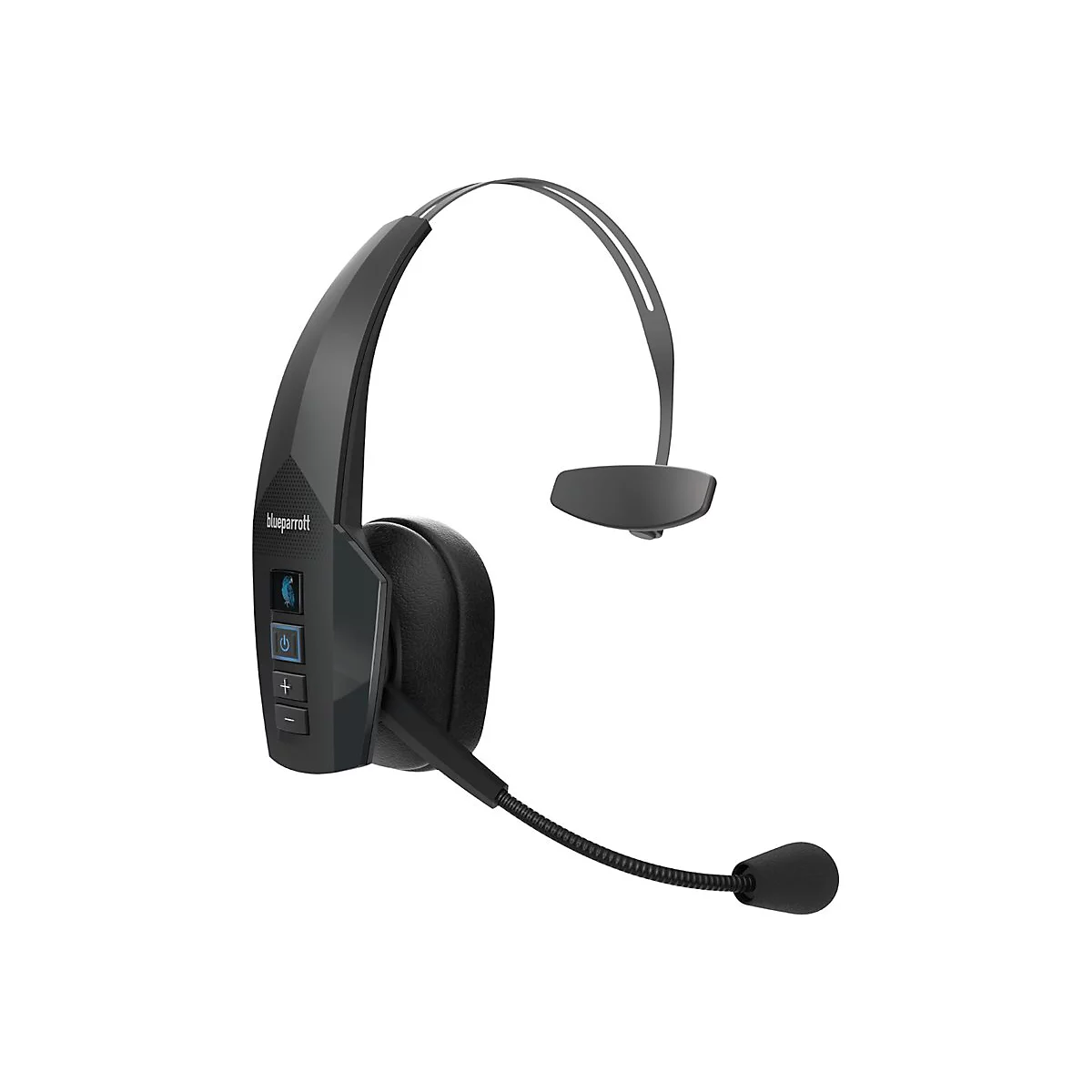 Schwarzes Bluetooth-Headset mit Mikrofon, Markenname Blueparrott. Mit Lautstärke- und Ein-/Aus-Tasten.