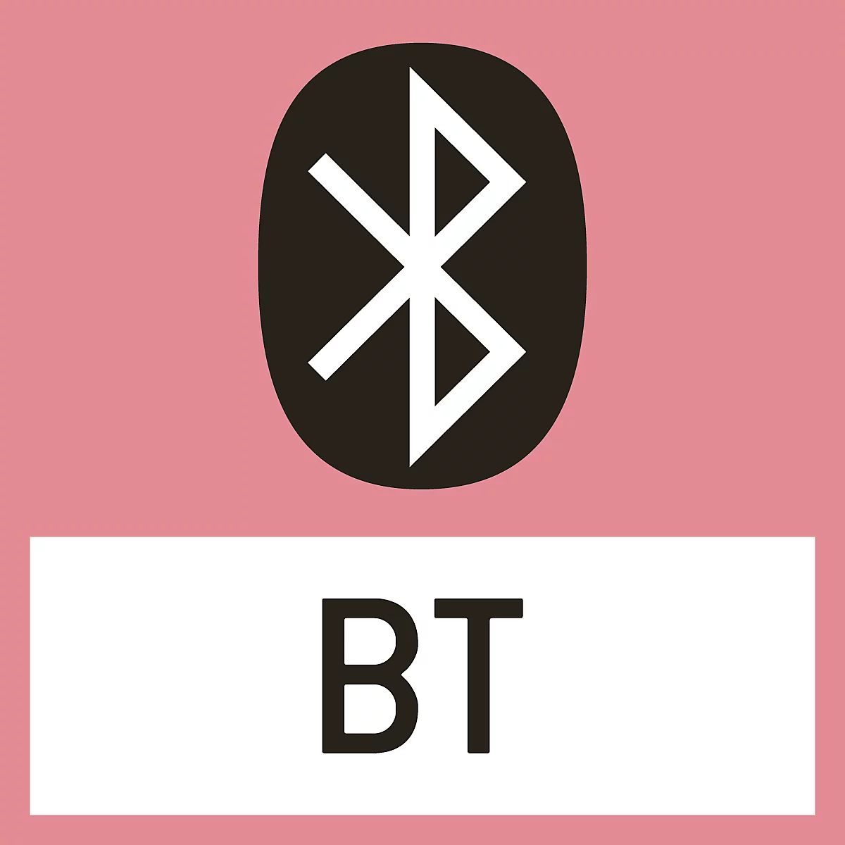 Bluetooth symbol on pink background. Below, 'BT' is in a white box.
