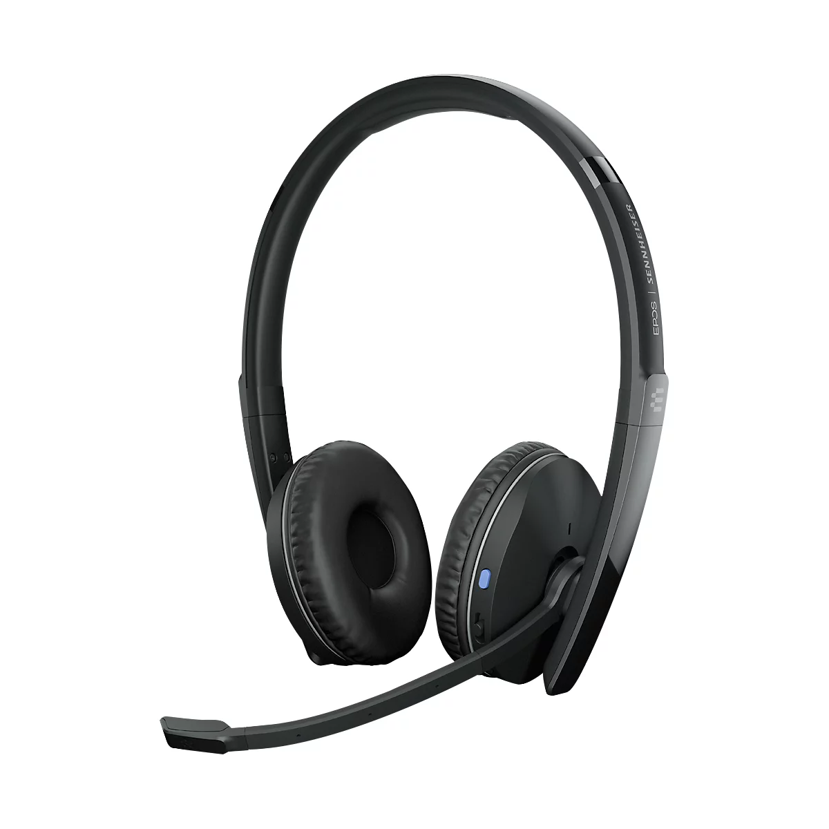 Black Sennheiser headset with microphone. Round ear pads, arched headband.