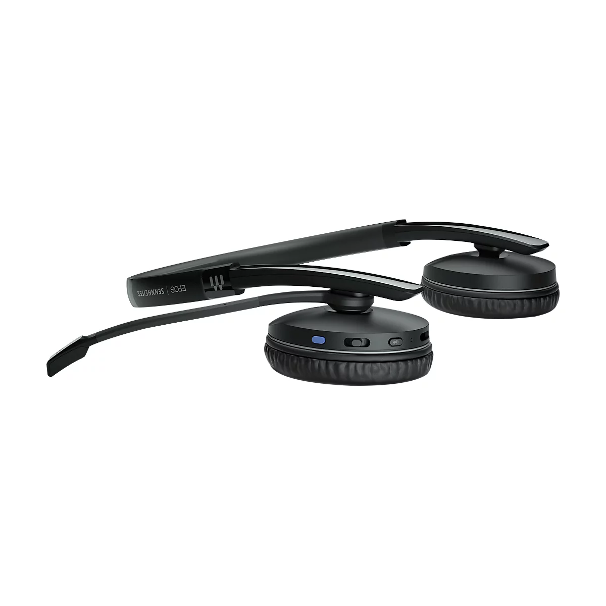Black headset on a white background. The headset has two earcups, a headband and a microphone.